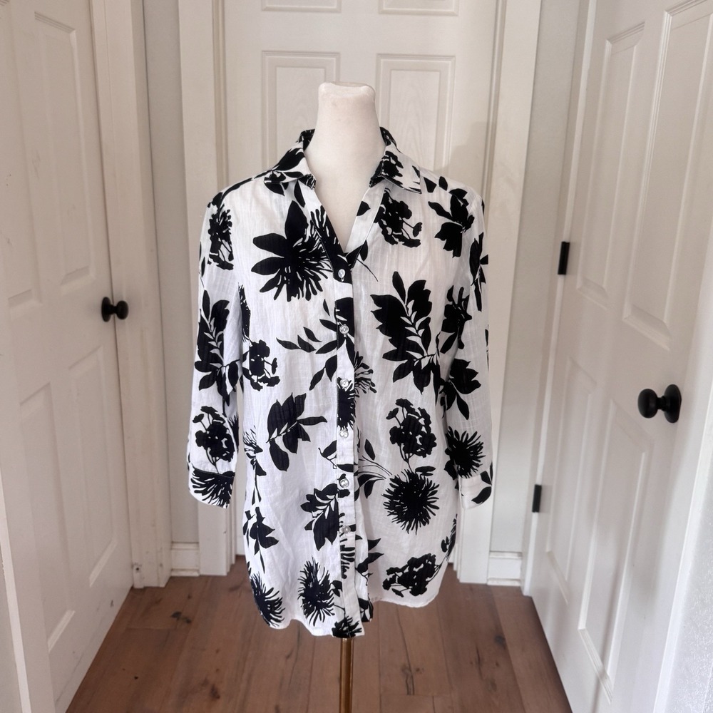 Allison Daley Sz‎ 10 M Black White 3/4 Casual Sleeve Button Up Shirt 100% Cotton